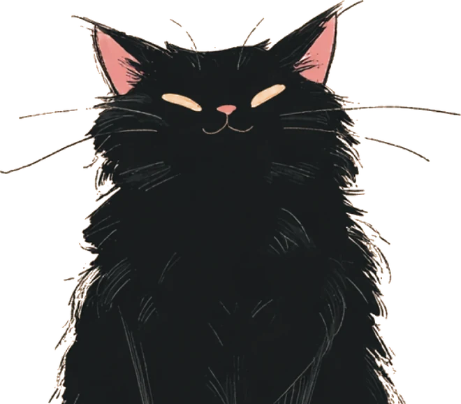目を閉じて満足そうにほほえむ黒猫のイラスト